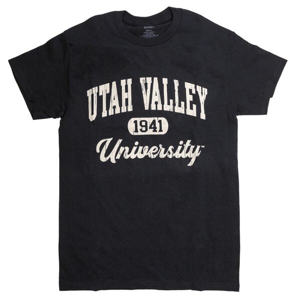 Black soft cotton tee with a retro distressed vibe "Utah Valley" over the establish date and "University" in cursive below